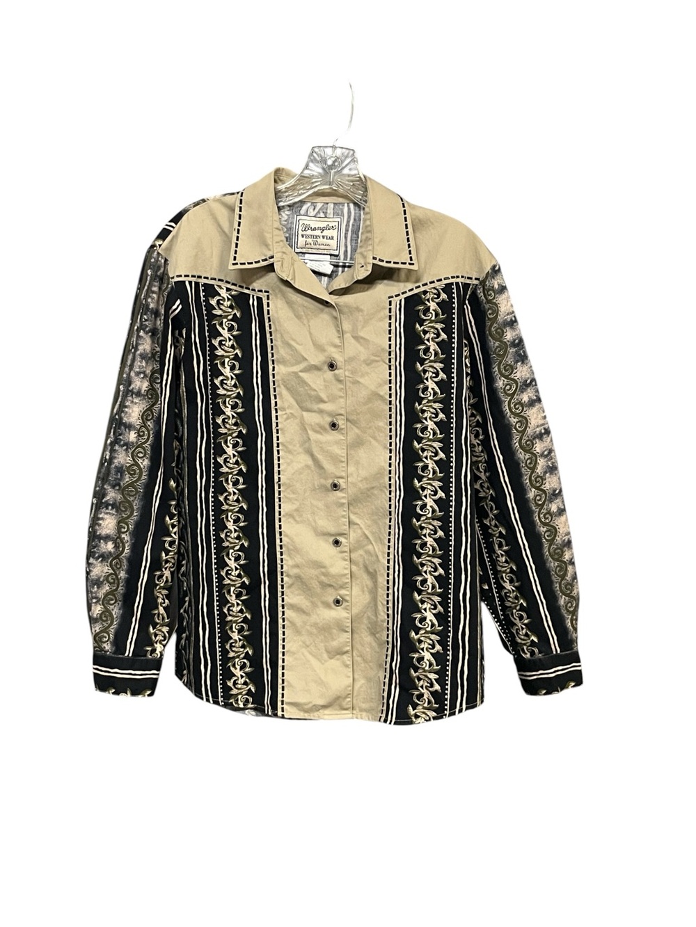 Wrangler Western Wear Women’s Large Button Shirt Beige Black Cotton Southwestern